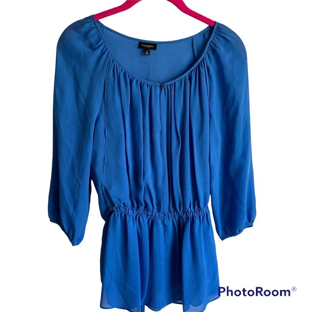 TALBOTS Royal Blue 3/4‎ Sleeve Ladies Silk Career Peplum Blouse, 2